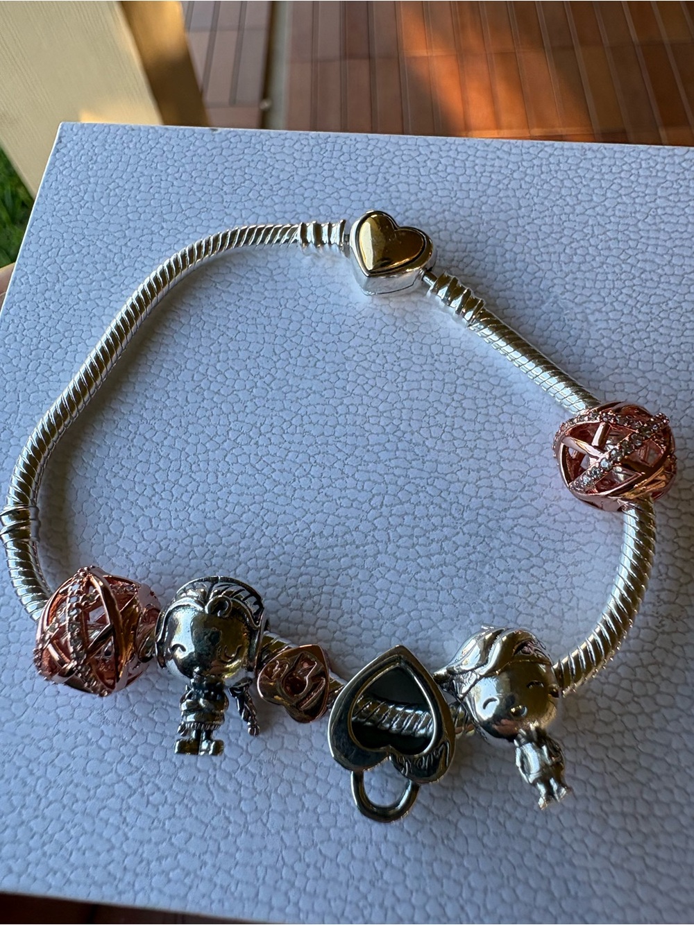 Pandora Two-Tone Heart & Rose Charm Bracelet in Pink and Silver - Picture 5 of 9